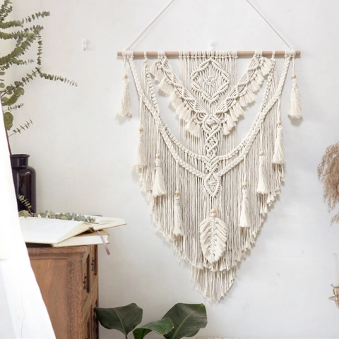 Bohemian Hand Woven Macrame Wall Hanging Tapestry With Wood Stick Cotton Rope Tassel Geometric Art For Home Bedroom Decor