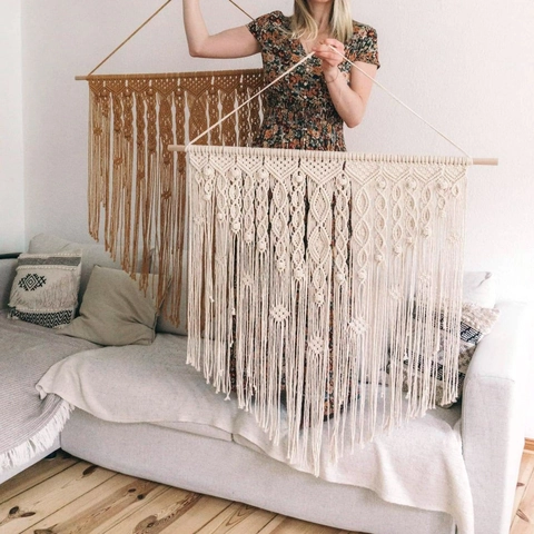 Grande Arazzo Macramè Boho Tessuto a Mano in Corda di Cotone Decorazione Parete Geometrica Con Palo in Legno Per Camera Letto