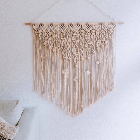 Grande Arazzo Macramè Boho Tessuto a Mano in Corda di Cotone Decorazione Parete Geometrica Con Palo in Legno Per Camera Letto