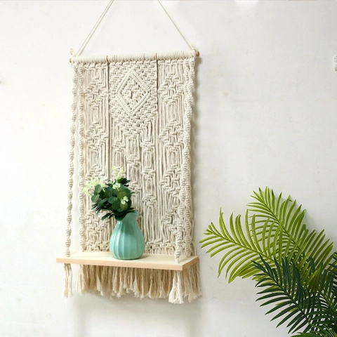 Bohemian Macrame Wall Hanging Shelf Hand Woven Cotton Rope Tapestry With Wood Floating Shelves Tassel Home Decor For Bedroom