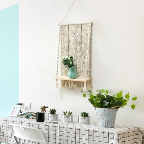 Bohemian Macrame Wall Hanging Shelf Hand Woven Cotton Rope Tapestry With Wood Floating Shelves Tassel Home Decor For Bedroom