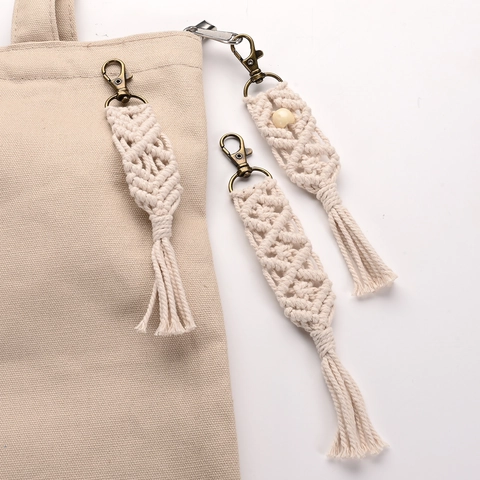 Handmade Macrame Keychain Bohemian Cotton Rope Tassel Bag Charm Vintage Bronze Clasp Ethnic Weave Pendant For Backpack Women
