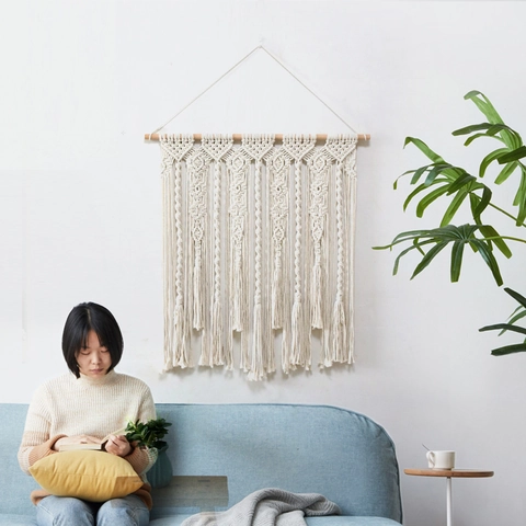 Arazzo in Corda di Cotone Intrecciata a Mano in Stile Bohemien Con Asta in Legno e Nappine Lunghe per Decorazione Soggiorno Camera da Letto