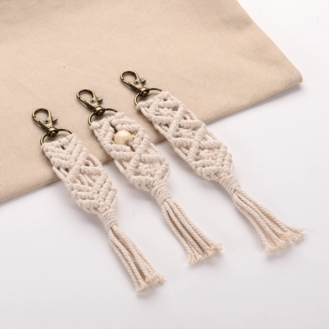 Handmade Macrame Keychain Bohemian Cotton Rope Tassel Bag Charm Vintage Bronze Clasp Ethnic Weave Pendant For Backpack Women