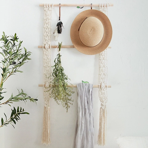 Bohemian Macrame Wall Hanging Tapestry With Wood Rods Beige Cotton Woven Tassel Fringe Wall Art Home Decor Storage Rack