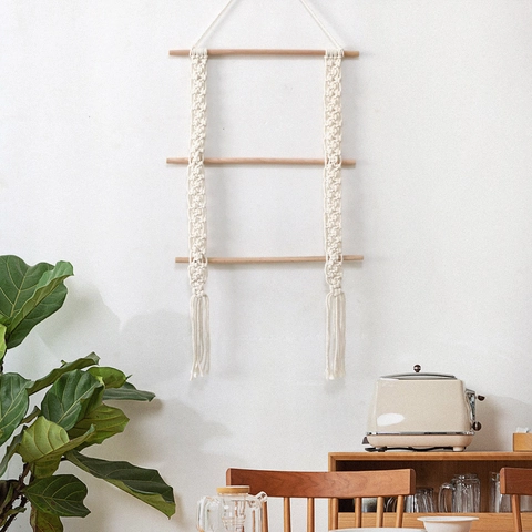 Bohemian Macrame Wall Hanging Tapestry With Wood Rods Beige Cotton Woven Tassel Fringe Wall Art Home Decor Storage Rack
