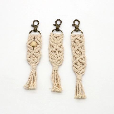 Handmade Macrame Cotton Rope Keychain With Wooden Beads Bohemian Tassel Bag Pendant Backpack Charm Wall Hanging Decoration