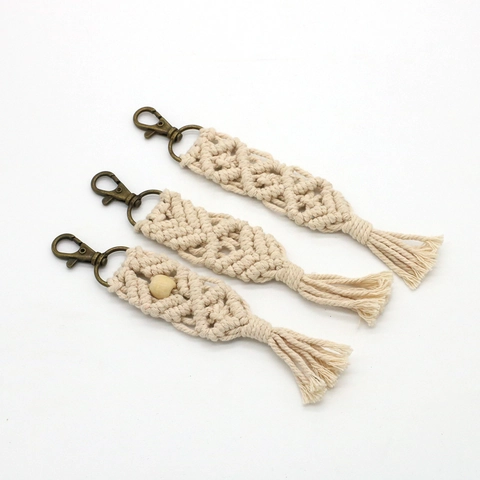 Handmade Macrame Cotton Rope Keychain With Wooden Beads Bohemian Tassel Bag Pendant Backpack Charm Wall Hanging Decoration