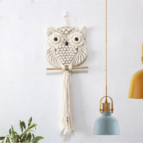 Boho Handcrafted Cotton Macrame Owl Wall Hanging With Wood Stick Tassel Fringe Nordic Home Decor For Living Room Bedroom