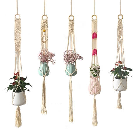 Portapiante Macramè in Cotone Fatto a Mano Arazzo Bohemien da Parete Porta Fiori Cesto per Decorazioni Casa Con Anello in Legno