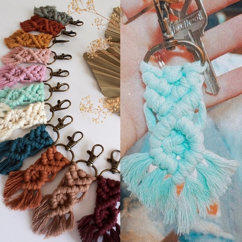 Bohemian Handgemachte Gewebte Macrame Schlüsselanhänger Für Damen Baumwolle Seil Quaste Schlüsselring Bronze Legierung Tasche Zubehör