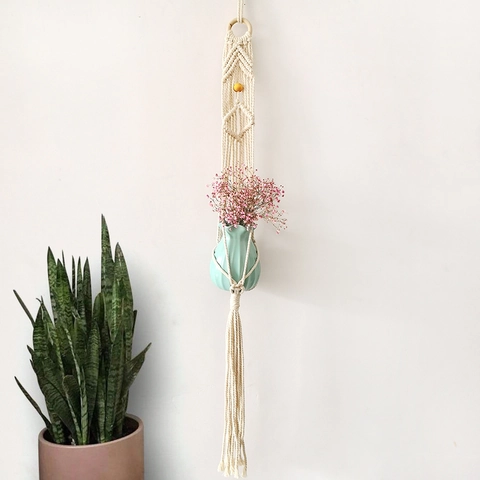 Portapiante Macramè in Cotone Fatto a Mano Arazzo Bohemien da Parete Porta Fiori Cesto per Decorazioni Casa Con Anello in Legno