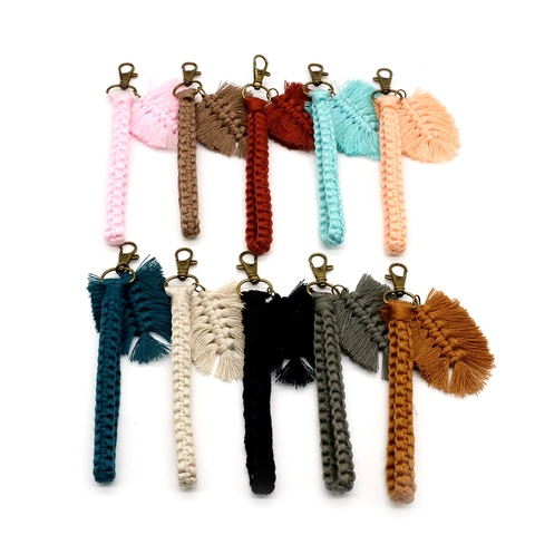 Handmade Macrame Wristlet Keychain Cotton Braided Leaf Tassel Charm For Backpack Handbag Boho Key Ring Holder Ornament