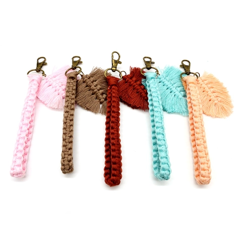Handmade Macrame Wristlet Keychain Cotton Braided Leaf Tassel Charm For Backpack Handbag Boho Key Ring Holder Ornament