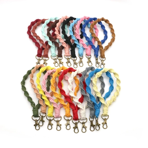 Bohemian Cotton Rope Woven Wristlet Keychain Handmade Macrame Spiral Lanyard Antique Bronze Metal Clip Key Chain Bag Charm