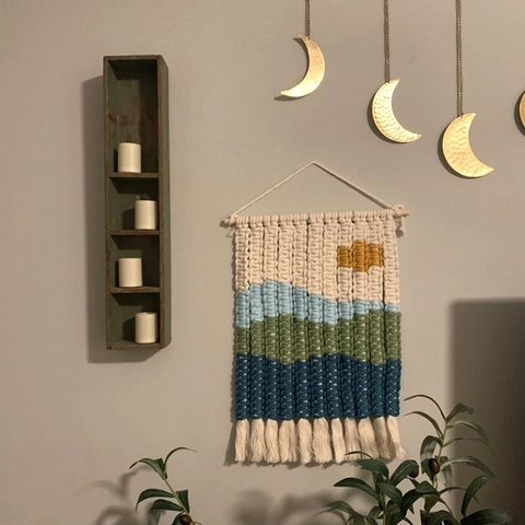 Hand Woven Cotton Macrame Wall Hanging Tapestry Bohemian Landscape Mountain Sun Pattern Tassel Decorative Home Wall Art
