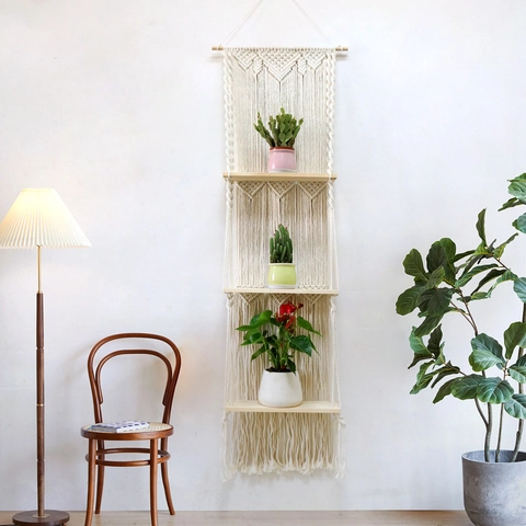 Arazzo da Parete in Macramè Bohemien Con Scaffale in Legno a Livelli Scaffali Sospesi in Cotone Tessuti a Mano per Soggiorno Camera da Letto