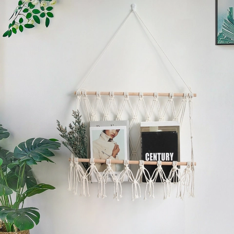 Bohemian Macrame Wall Hanging Magazine Rack Cotton Rope Woven Tapestry Book Holder With Wood Rod For Home Decor