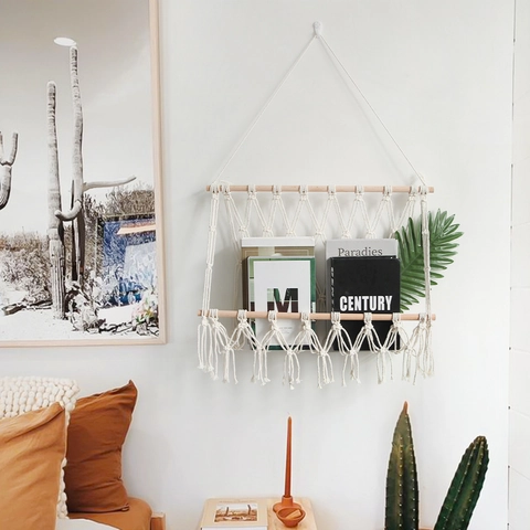 Bohemian Macrame Wall Hanging Magazine Rack Cotton Rope Woven Tapestry Book Holder With Wood Rod For Home Decor