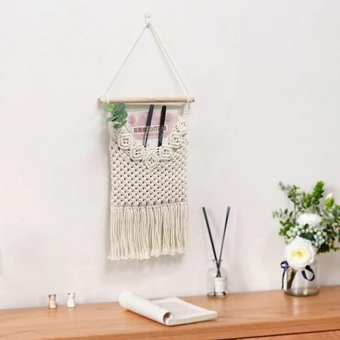 Arazzo da Parete in Macramè di Cotone Intrecciato a Mano Boho Con Bastone in Legno e Nappe per Soggiorno Camera da Letto Arredamento