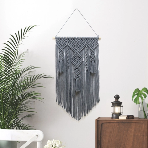 Arazzo da Parete Macrame in Poliestere Intrecciato a Mano Nordico Bohemien Con Asta di Legno Nappa Decorazione Murale Geometrica