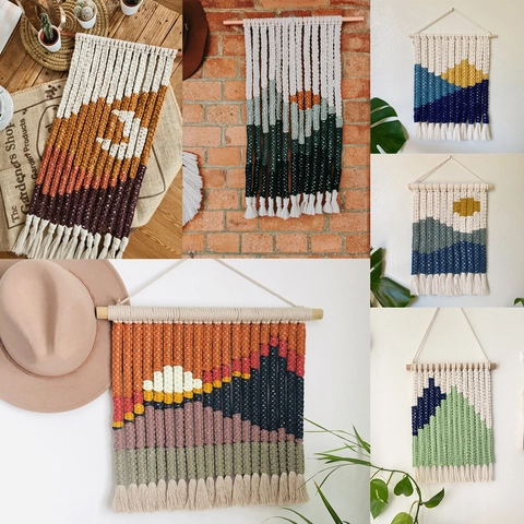 Arazzo Macrame Intrecciato a Mano Paesaggio Montano da Parete Nordic Bohemian in Cotone con Nappe Decorazione Sfondo Casa
