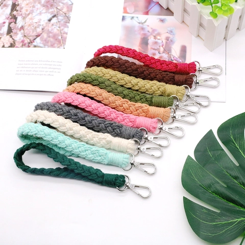 Handmade Woven Cotton Rope Keychain Wristlet For Women Minimalist Boho Braided Bag Charm Key Ring With Metal Lobster Clasp Gift