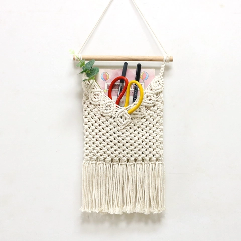 Arazzo da Parete in Macramè di Cotone Intrecciato a Mano Boho Con Bastone in Legno e Nappe per Soggiorno Camera da Letto Arredamento
