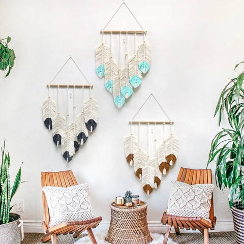 Handmade Bohemian Macrame Feather Wall Hanging With Wood Pole Cotton Rope Tassel Tapestry For Living Room Bedroom Home Decor