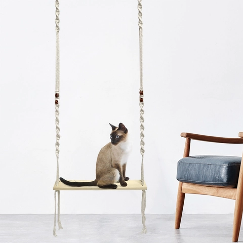 Noords Handgemaakte Macramé Katoenen Touw Huisdier Schommel Hangmat Met Houten Plank Geweven Hangbed Voor Katten Vogels Kippen Woondecoratie