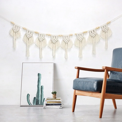 Tapiz de Pared de Macramé Hecho a Mano Nórdico Boho Guirnalda de Borlas de Algodón Tejido para Sala de Estar Dormitorio Decoración de Hogar