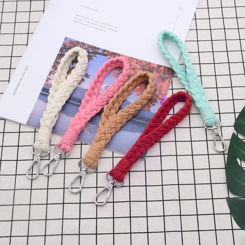 Handmade Woven Cotton Rope Keychain Wristlet For Women Minimalist Boho Braided Bag Charm Key Ring With Metal Lobster Clasp Gift