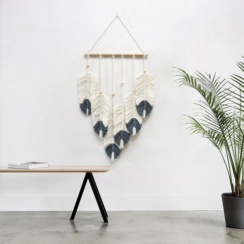 Handmade Bohemian Macrame Feather Wall Hanging With Wood Pole Cotton Rope Tassel Tapestry For Living Room Bedroom Home Decor