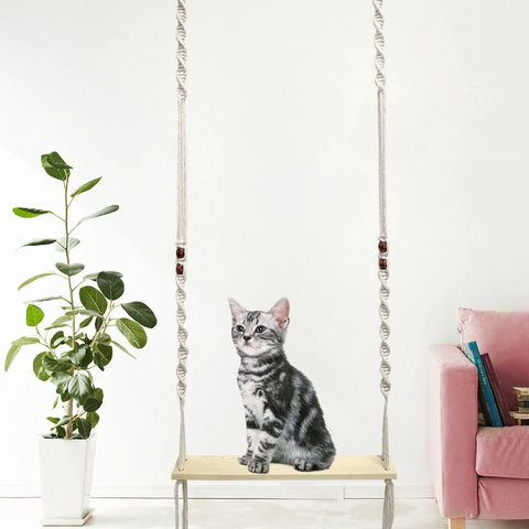Noords Handgemaakte Macramé Katoenen Touw Huisdier Schommel Hangmat Met Houten Plank Geweven Hangbed Voor Katten Vogels Kippen Woondecoratie