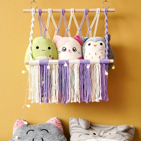 Boho Macrame Spielzeug Aufbewahrung Hängematte Handgewebte Baumwolle Wandteppich Mit Holzstange Für Kinderzimmer Dekorative Organisation