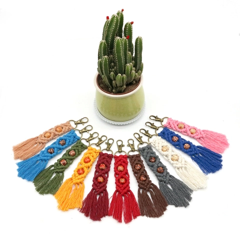 Bohemian Handmade Macrame Keychain With Wood Beads Tassel Cotton Braided Bag Charm For Women Keys Decoration Gift