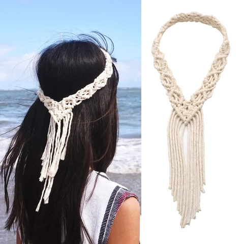 Bohemian Handwoven Cotton Rope Headband Long Tassel Nordic Macrame Wall Hanging For Women Wedding Travel Photo Props Beige Accessory