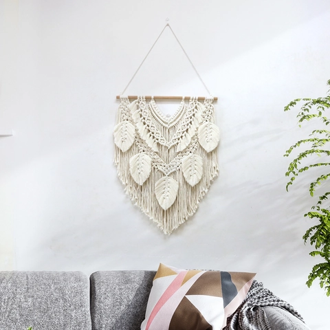 Handmade Macrame Woven Wall Hanging Cotton Feather Leaf Tassel Tapestry Nordic Style Home Decor Living Room Bedroom