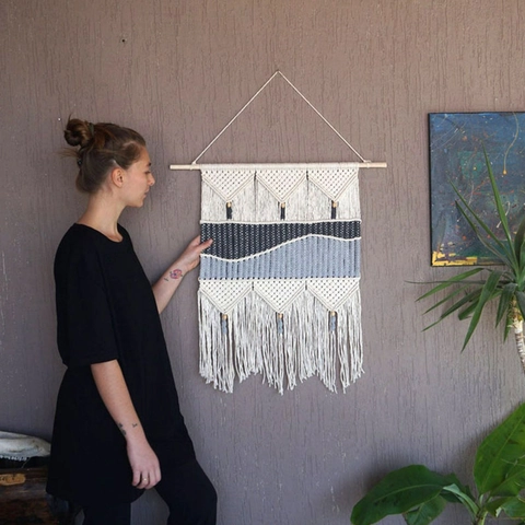 Nordic Bohemian Hand Woven Cotton Macrame Wall Hanging Tassel Geometric Art Tapestry For Living Room Bedroom Home Decor