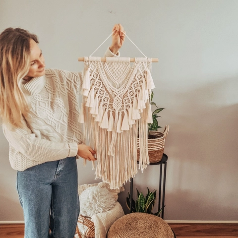 Bohemian Handwoven Macrame Wall Hanging Cotton Rope Fringe Tapestry With Wooden Rod For Living Room Bedroom Home Wall Art Decor