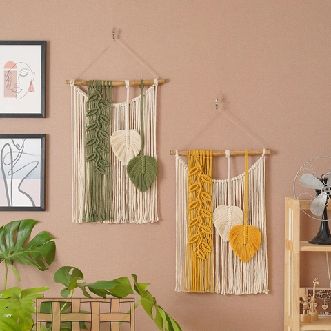 Bohemian Macrame Wall Hanging Tapestry Hand Woven Cotton Rope Leaf Tassel With Natural Wood Rod For Home Living Room Decor