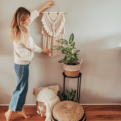 Bohemian Handwoven Macrame Wall Hanging Cotton Rope Fringe Tapestry With Wooden Rod For Living Room Bedroom Home Wall Art Decor