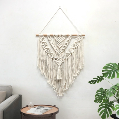 Arazzo a Parete in Macramè Bohemien Fatto a Mano Coda di Cotone Intrecciata Con Asta in Legno Nappe Arte Geometrica Per Casa