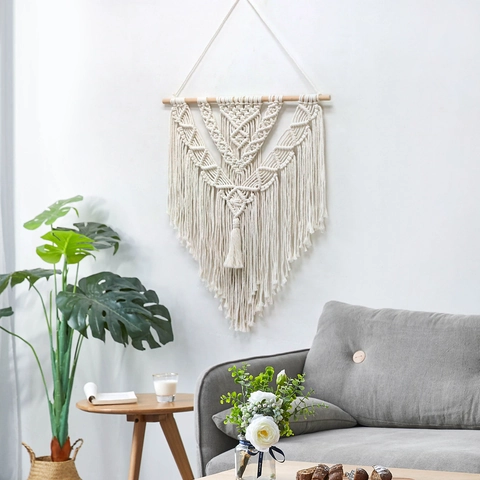 Arazzo a Parete in Macramè Bohemien Fatto a Mano Coda di Cotone Intrecciata Con Asta in Legno Nappe Arte Geometrica Per Casa