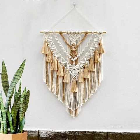 Bohemian Handmade Macrame Wall Hanging Cotton Woven Tapestry With Tassels And Wooden Rod Minimalist Boho Wall Art For Home Decor