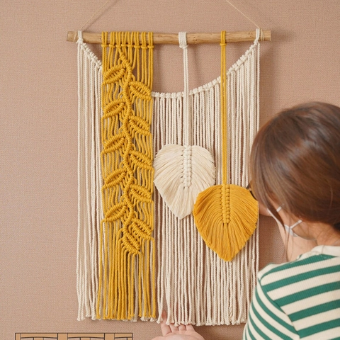 Bohemian Macrame Wall Hanging Tapestry Hand Woven Cotton Rope Leaf Tassel With Natural Wood Rod For Home Living Room Decor