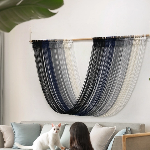 Arazzo da Parete in Macramé di Cotone Fatto a Mano Stile Nordico Sfumato con Frange Decorazione Boho per Soggiorno Camera da Letto