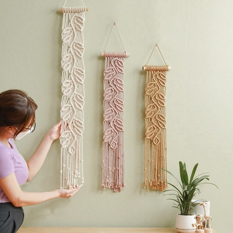 Arazzo a Parete in Macramè di Cotone Intrecciato a Mano in Stile Bohémien a Forma di Foglia Con Asta di Legno Decorazione Murale Per Soggiorno Camera da Letto