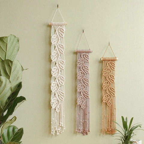 Arazzo a Parete in Macramè di Cotone Intrecciato a Mano in Stile Bohémien a Forma di Foglia Con Asta di Legno Decorazione Murale Per Soggiorno Camera da Letto