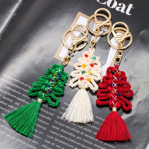 Handmade Woven Cotton Cord Christmas Tree Keychain Macrame Bag Charm Tassel Pendant Festive Car Hanging Decoration Gift